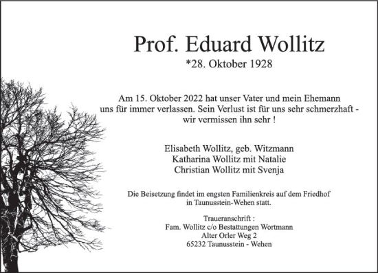 Traueranzeige von Eduard Wollitz von vrm-trauer Wiesbadener Kurier