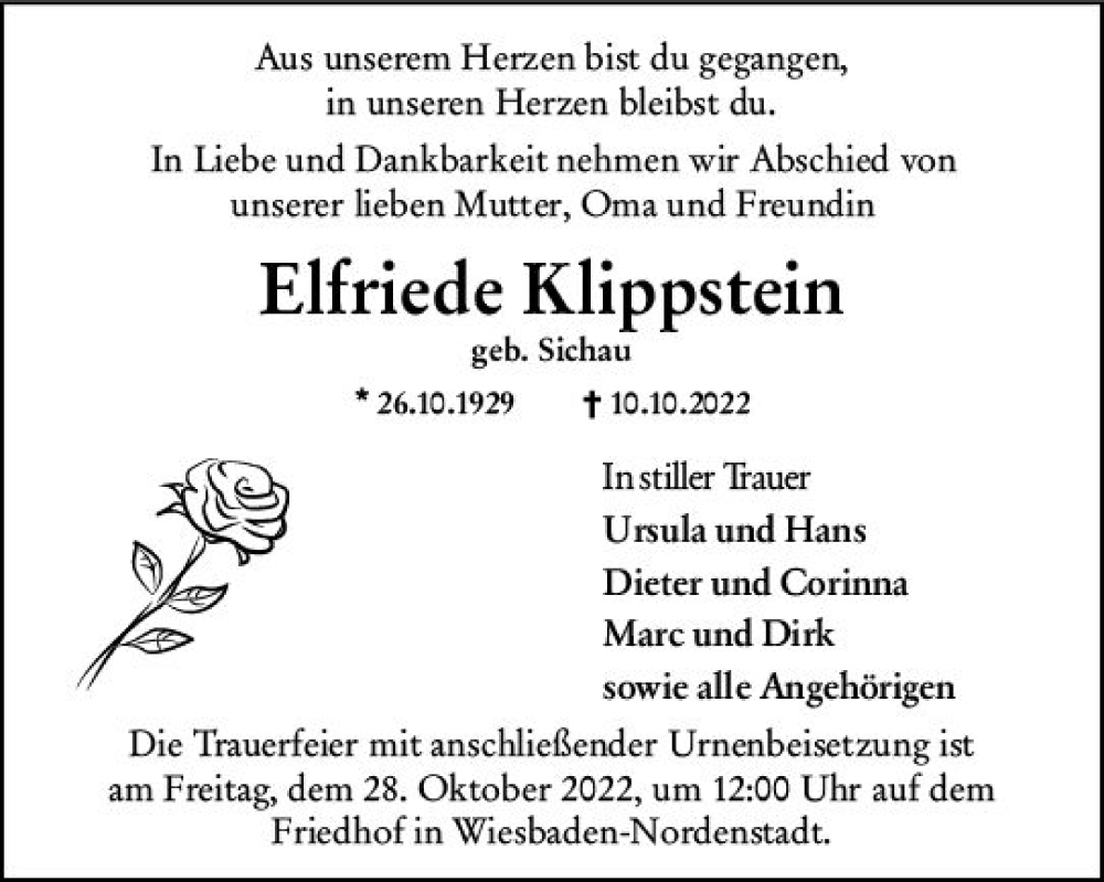  Traueranzeige für Elfriede Klippstein vom 22.10.2022 aus vrm-trauer Wiesbadener Kurier