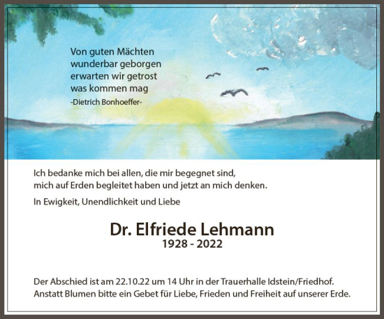Traueranzeige von Elfriede Lehmann von vrm-trauer Idsteiner Zeitung