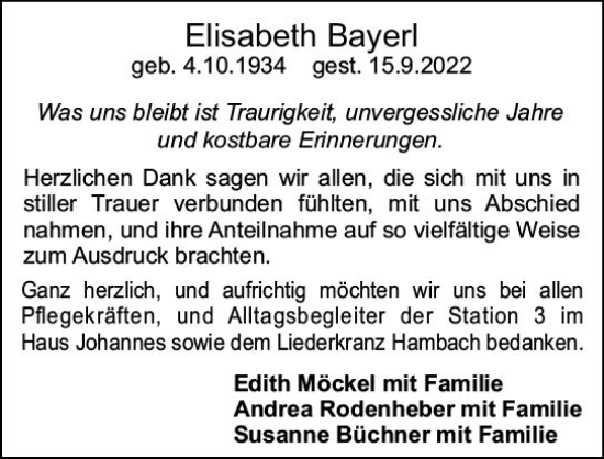 Traueranzeige von Elisabeth Bayerl von vrm-trauer Bürstädter/Lamperth. Ztg/Starkenburger