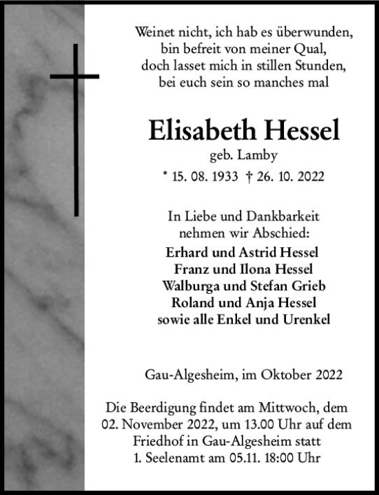 Traueranzeige von Elisabeth Hessel von vrm-trauer Allgemeine  Zeitung Ingelheim-Bingen