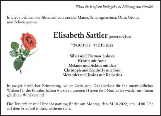 Traueranzeige von Elisabeth Sattler von vrm-trauer Odenwälder Echo