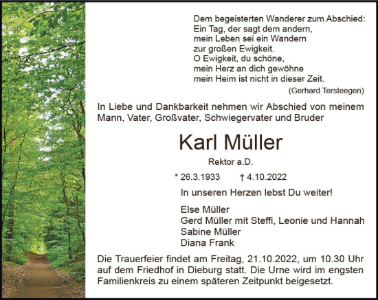 Traueranzeige von Karl Müller von vrm-trauer DieburgerAnzeiger/Groß-Zimmerner Lokala