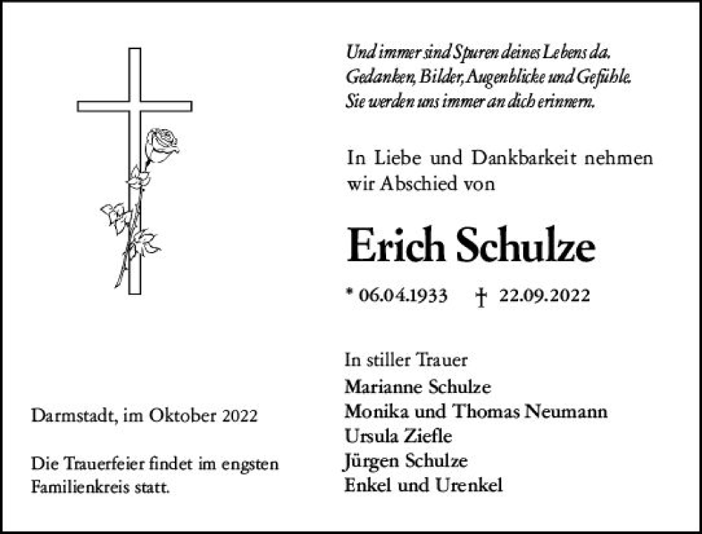  Traueranzeige für Erich Schulze vom 08.10.2022 aus vrm-trauer Darmstädter Echo
