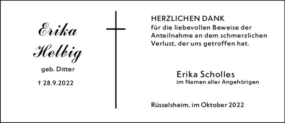  Traueranzeige für Erika Helbig vom 15.10.2022 aus vrm-trauer Rüsselsheimer Echo / MainSpitze