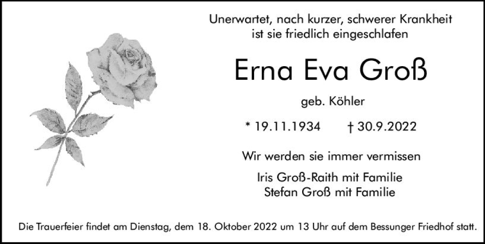  Traueranzeige für Erna Eva Groß vom 15.10.2022 aus vrm-trauer Darmstädter Echo