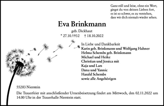 Traueranzeige von Eva Brinkmann von vrm-trauer AZ Mainz