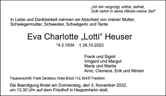Traueranzeige von Eva Charlotte Heuser von vrm-trauer Bürstädter/Lamperth. Ztg/Starkenburger
