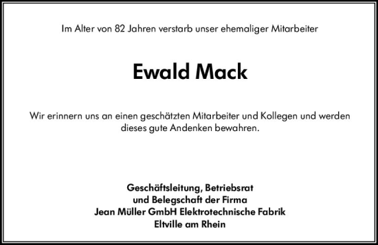 Traueranzeige von Ewald Mack von vrm-trauer Rheingau