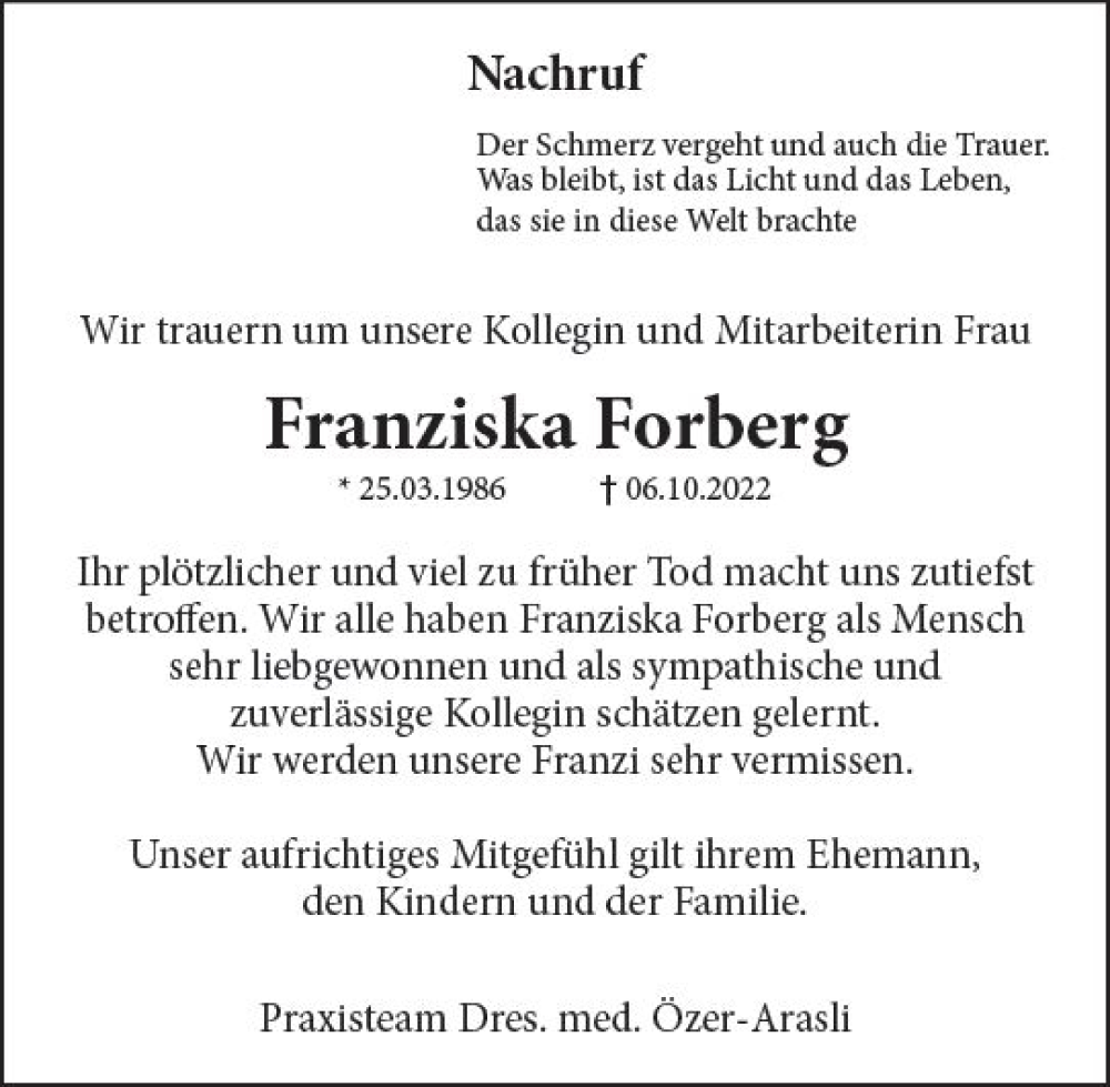  Traueranzeige für Franziska Forberg vom 22.10.2022 aus vrm-trauer Allgemeine Zeitung Alzey