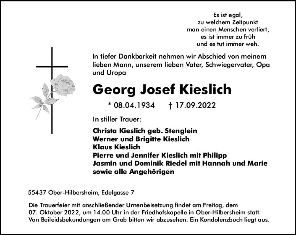  Traueranzeige für Georg Josef Kieslich vom 05.10.2022 aus vrm-trauer Allgemeine  Zeitung Ingelheim-Bingen