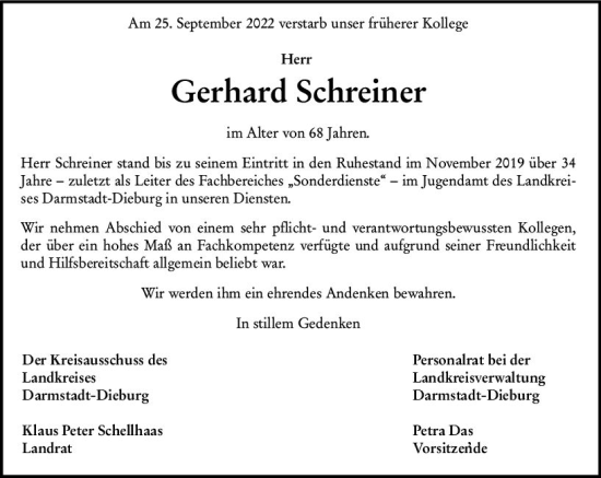 Traueranzeige von Gerhard Schreiner von vrm-trauer Darmstädter Echo