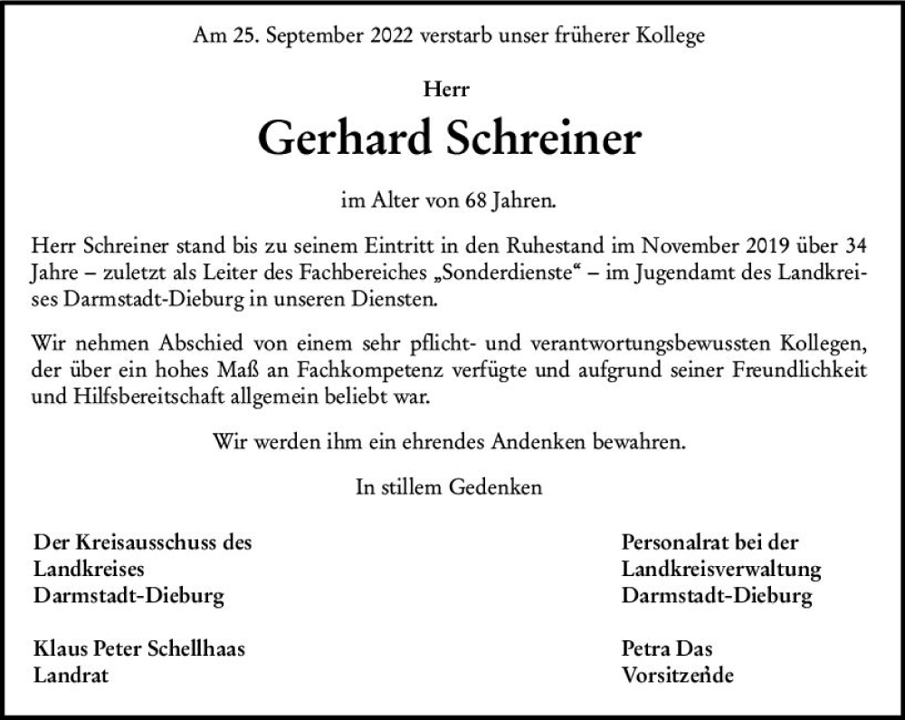  Traueranzeige für Gerhard Schreiner vom 15.10.2022 aus vrm-trauer Darmstädter Echo
