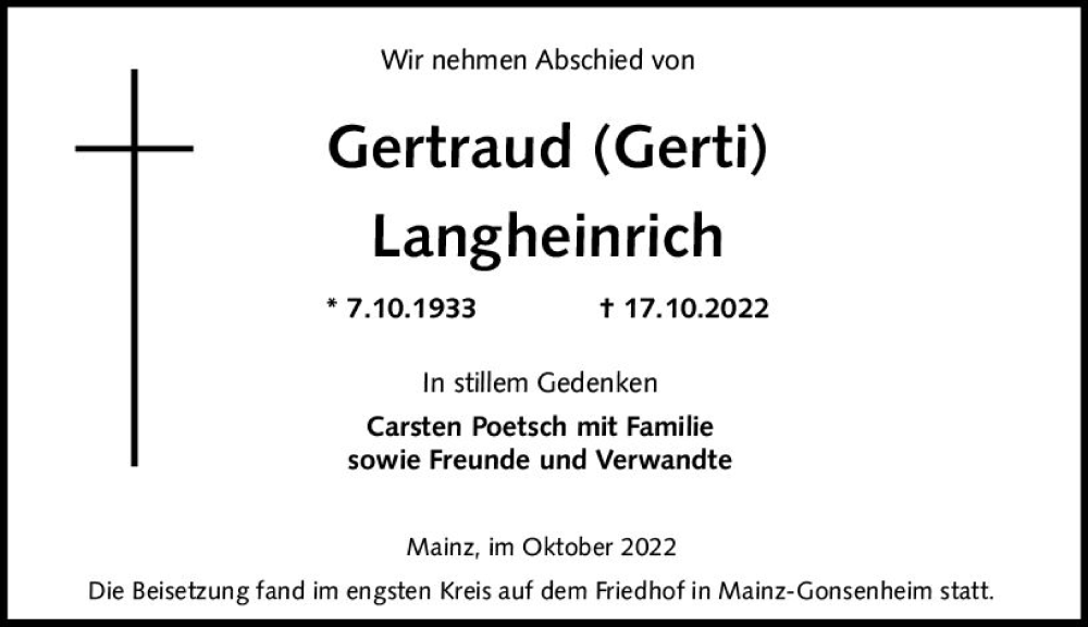  Traueranzeige für Gertraud Langheinrich vom 29.10.2022 aus vrm-trauer AZ Mainz