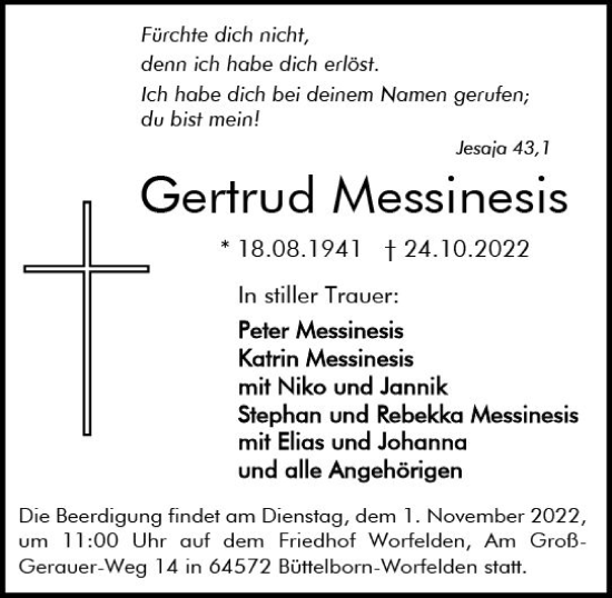 Traueranzeige von Gertrud Messinesis von vrm-trauer Groß-Gerauer Echo