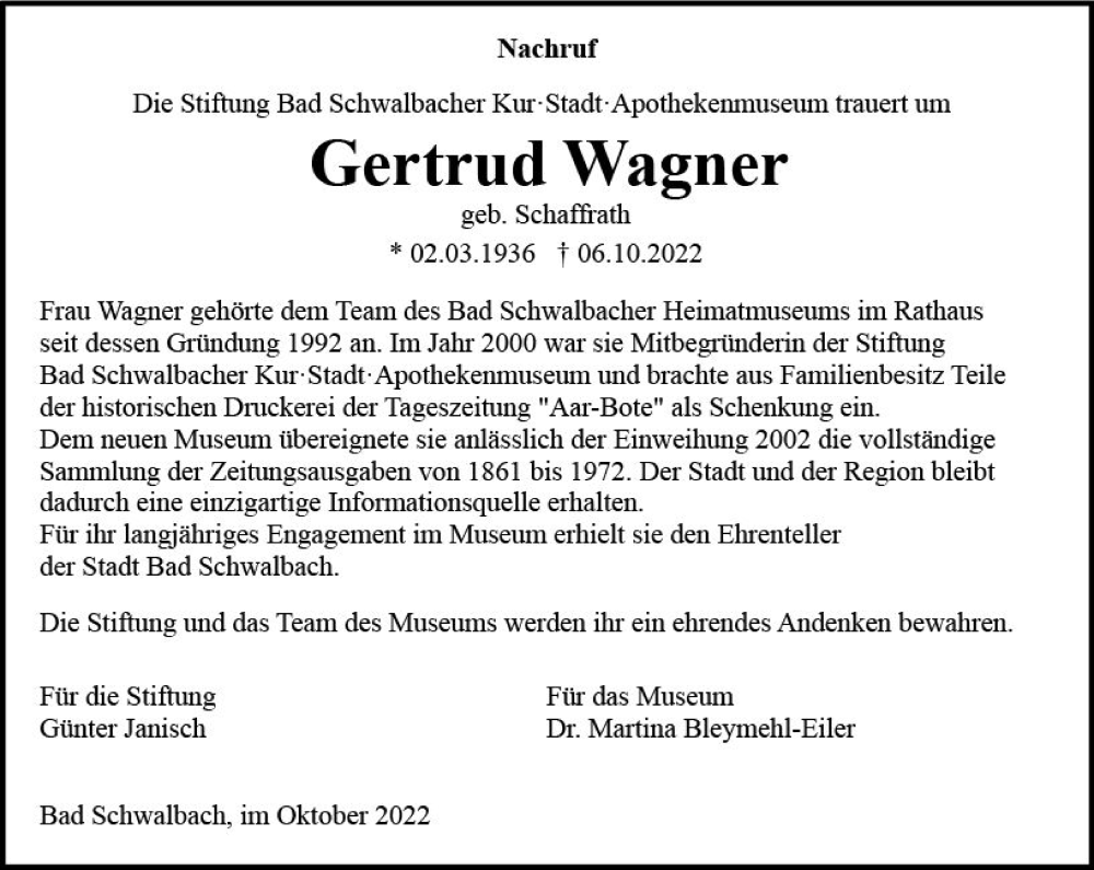  Traueranzeige für Gertrud Wagner vom 22.10.2022 aus vrm-trauer WK-UTA