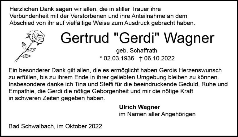  Traueranzeige für Gertrud Wagner vom 29.10.2022 aus vrm-trauer Wiesbadener Kurier