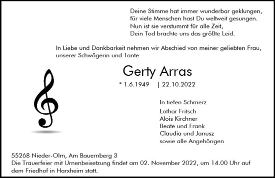 Traueranzeige von Gerty Arras von vrm-trauer AZ Mainz