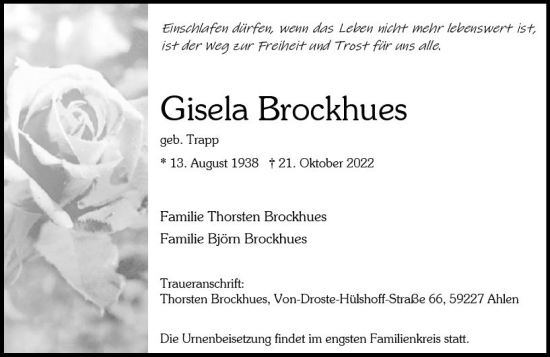 Traueranzeige von Gisela Brockhues von vrm-trauer Wiesbadener Kurier