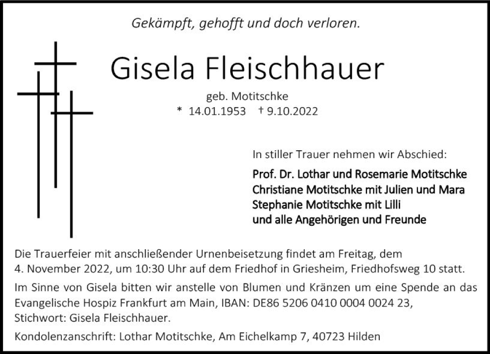  Traueranzeige für Gisela Fleischhauer vom 29.10.2022 aus vrm-trauer Darmstädter Echo