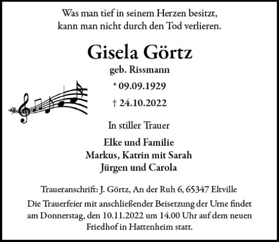 Traueranzeige von Gisela Görtz von vrm-trauer Rheingau