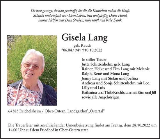 Traueranzeige von Gisela Lang von vrm-trauer Bergsträßer Anzeiger