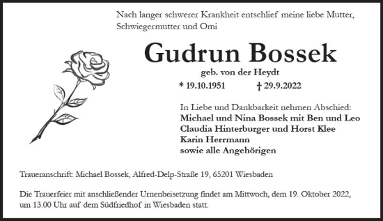 Traueranzeige von Gudrun Bossek von vrm-trauer Wiesbadener Kurier