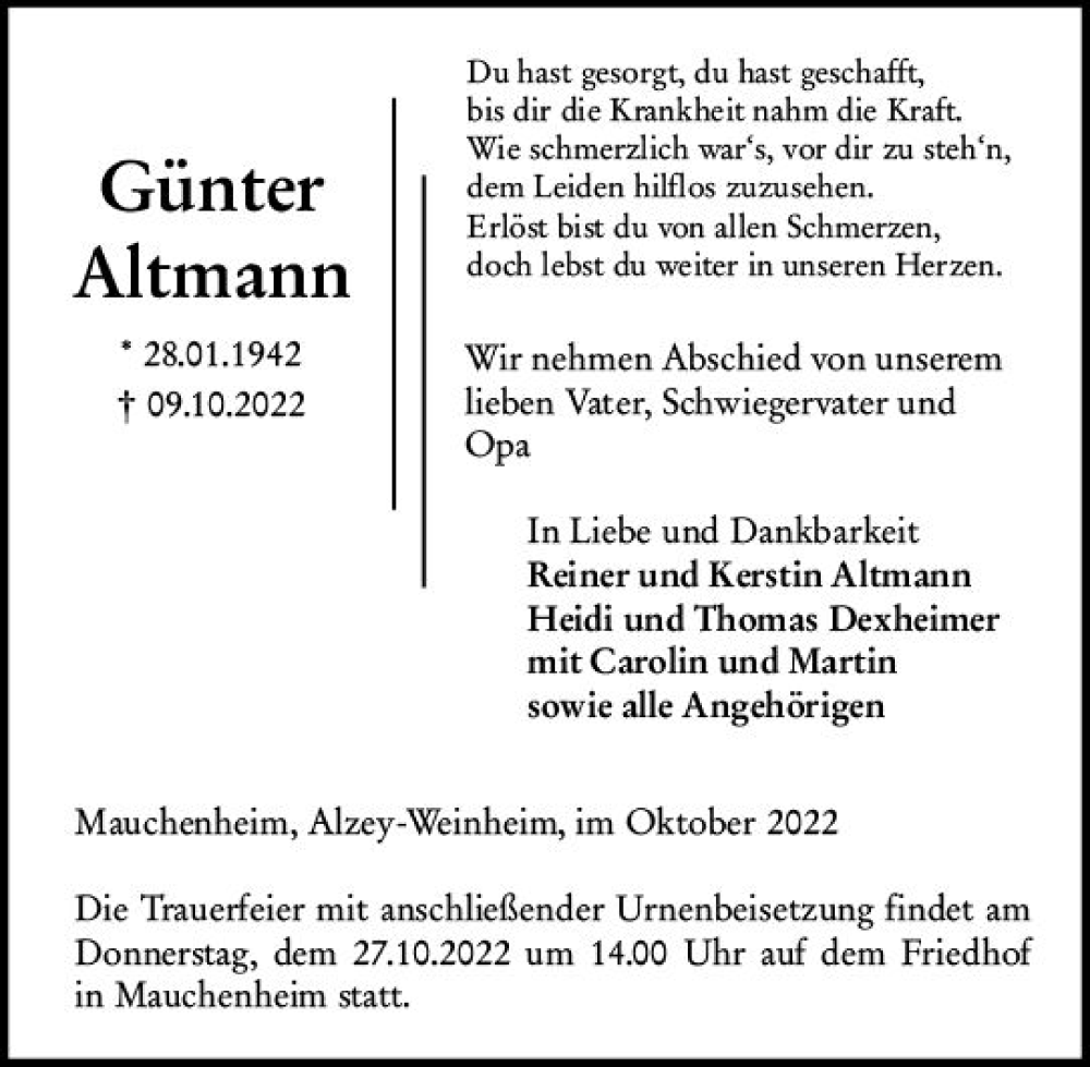  Traueranzeige für Günter Altmann vom 15.10.2022 aus vrm-trauer Allgemeine Zeitung Alzey