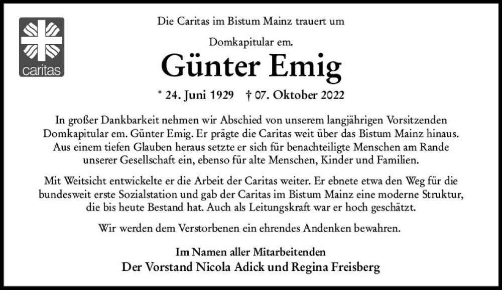  Traueranzeige für Günter Emig vom 14.10.2022 aus vrm-trauer Odenwälder Echo
