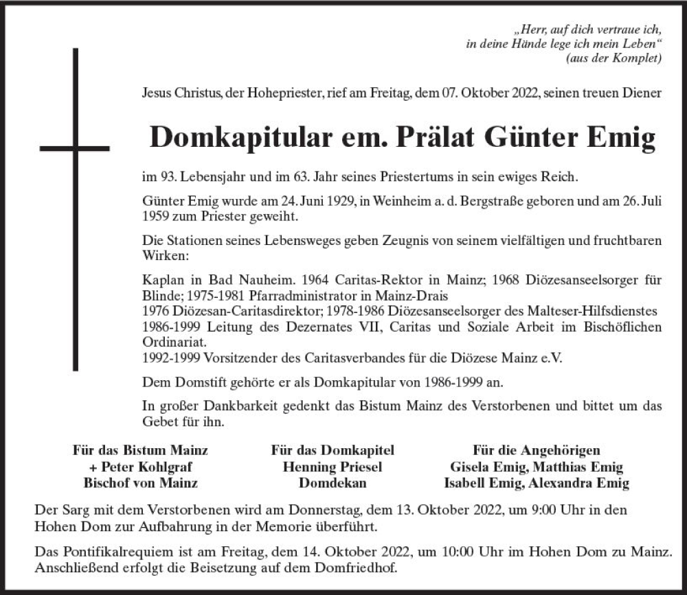  Traueranzeige für Günter Emig vom 13.10.2022 aus vrm-trauer AZ Mainz