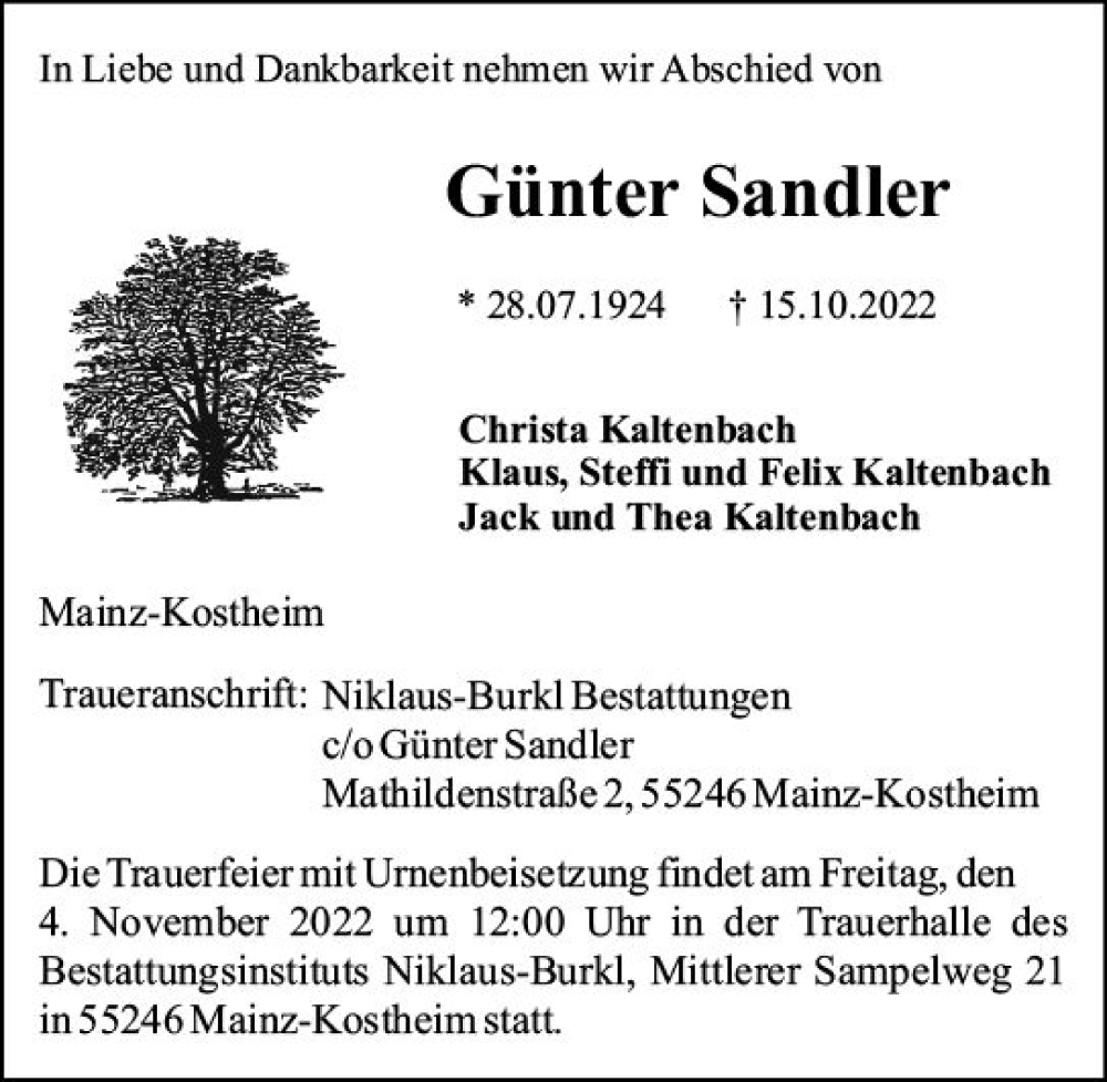  Traueranzeige für Günter Sandler vom 29.10.2022 aus vrm-trauer AZ Mainz