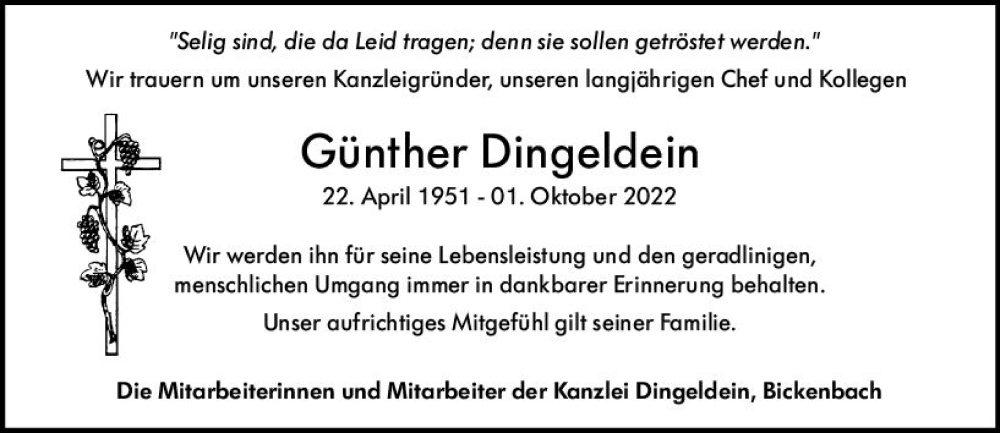  Traueranzeige für Günther Dingeldein vom 12.10.2022 aus vrm-trauer Darmstädter Echo
