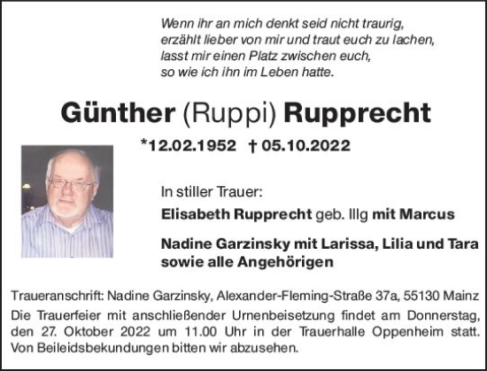 Traueranzeige von Günther Rupprecht von vrm-trauer AZ Mainz