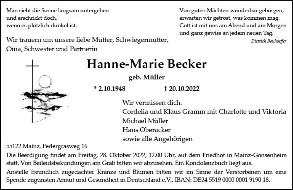  Traueranzeige für Hanne-Marie Becker vom 26.10.2022 aus vrm-trauer AZ Mainz