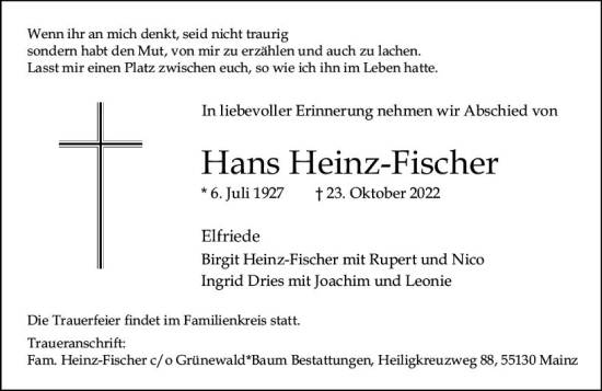 Traueranzeige von Hans Heinz-Fischer von vrm-trauer AZ Mainz