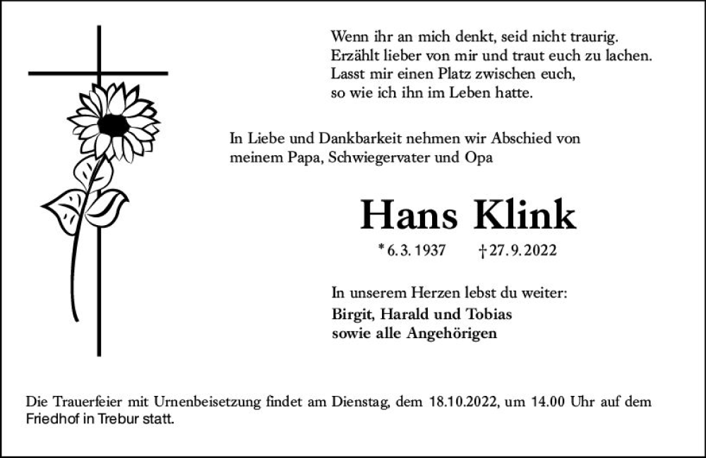  Traueranzeige für Hans Klink vom 07.10.2022 aus vrm-trauer Rüsselsheimer Echo / MainSpitze