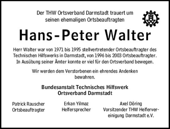 Traueranzeige von Hans-Peter Walter von vrm-trauer Darmstädter Echo