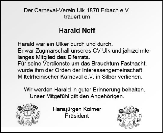 Traueranzeige von Harald Neff von vrm-trauer Odenwälder Echo