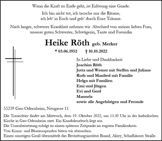 Traueranzeige von Heike Röth von vrm-trauer Allgemeine Zeitung Alzey