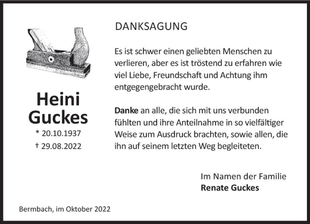  Traueranzeige für Heini Guckes vom 29.10.2022 aus vrm-trauer Idsteiner Zeitung