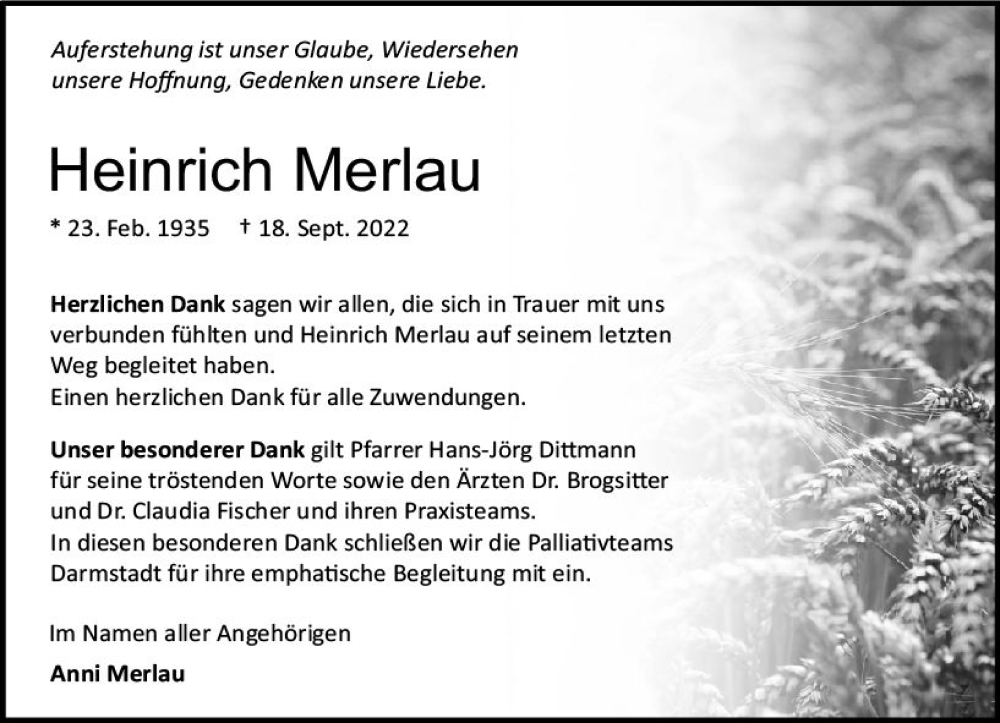  Traueranzeige für Heinrich Merlau vom 15.10.2022 aus vrm-trauer Darmstädter Echo