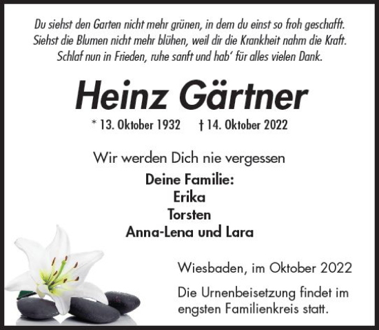 Traueranzeige von Heinz Gärtner von vrm-trauer Wiesbadener Kurier