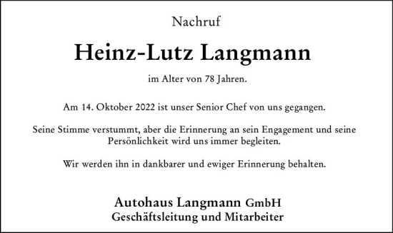 Traueranzeige von Heinz-Lutz Langmann von vrm-trauer Wiesbadener Kurier