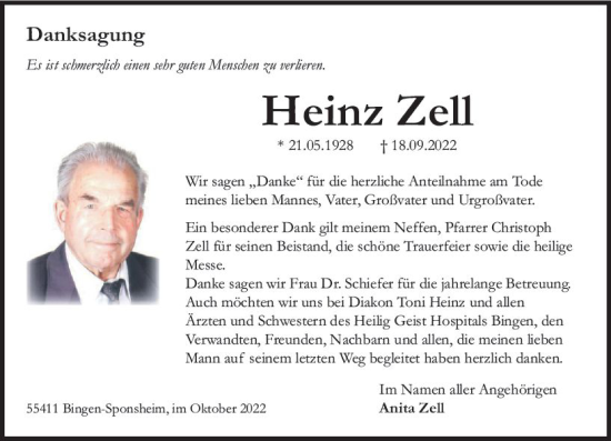 Traueranzeige von Heinz Zell von vrm-trauer Allgemeine  Zeitung Ingelheim-Bingen