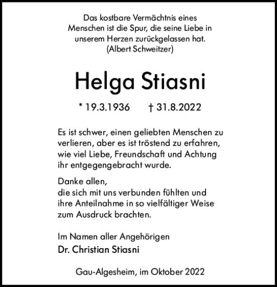 Traueranzeige von Helga Stiasni von vrm-trauer Allgemeine  Zeitung Ingelheim-Bingen