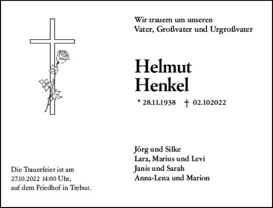 Traueranzeige von Helmut Henkel von vrm-trauer Rüsselsheimer Echo / MainSpitze