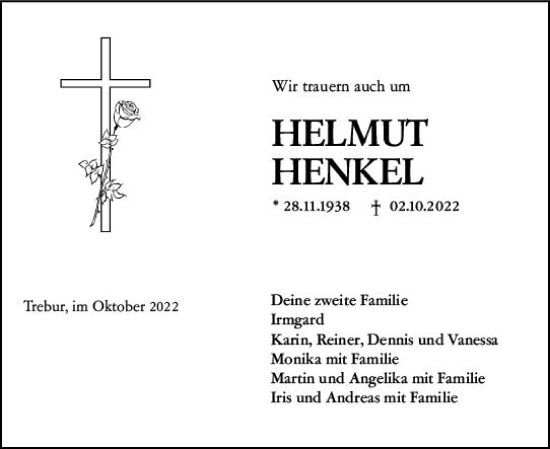 Traueranzeige von Helmut Henkel von vrm-trauer Rüsselsheimer Echo / MainSpitze