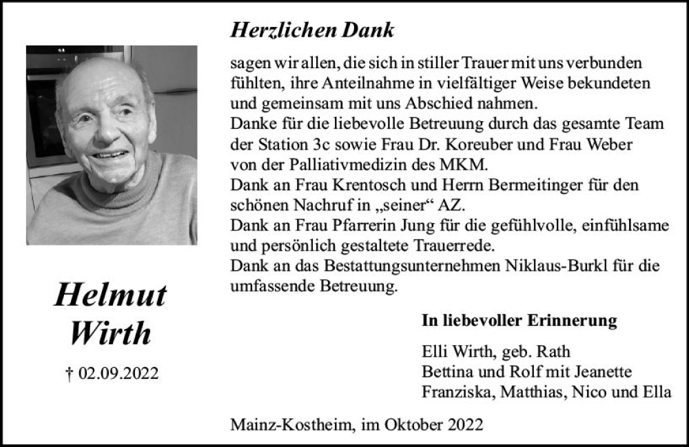  Traueranzeige für Helmut Wirth vom 15.10.2022 aus vrm-trauer AZ Mainz