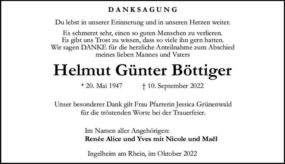  Traueranzeige für Helmut Günter Böttiger vom 22.10.2022 aus vrm-trauer Allgemeine  Zeitung Ingelheim-Bingen
