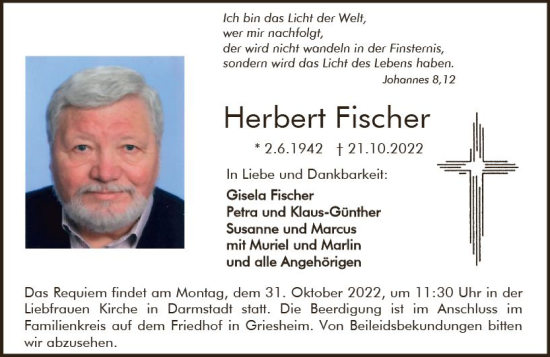 Traueranzeige von Herbert Fischer von vrm-trauer Darmstädter Echo